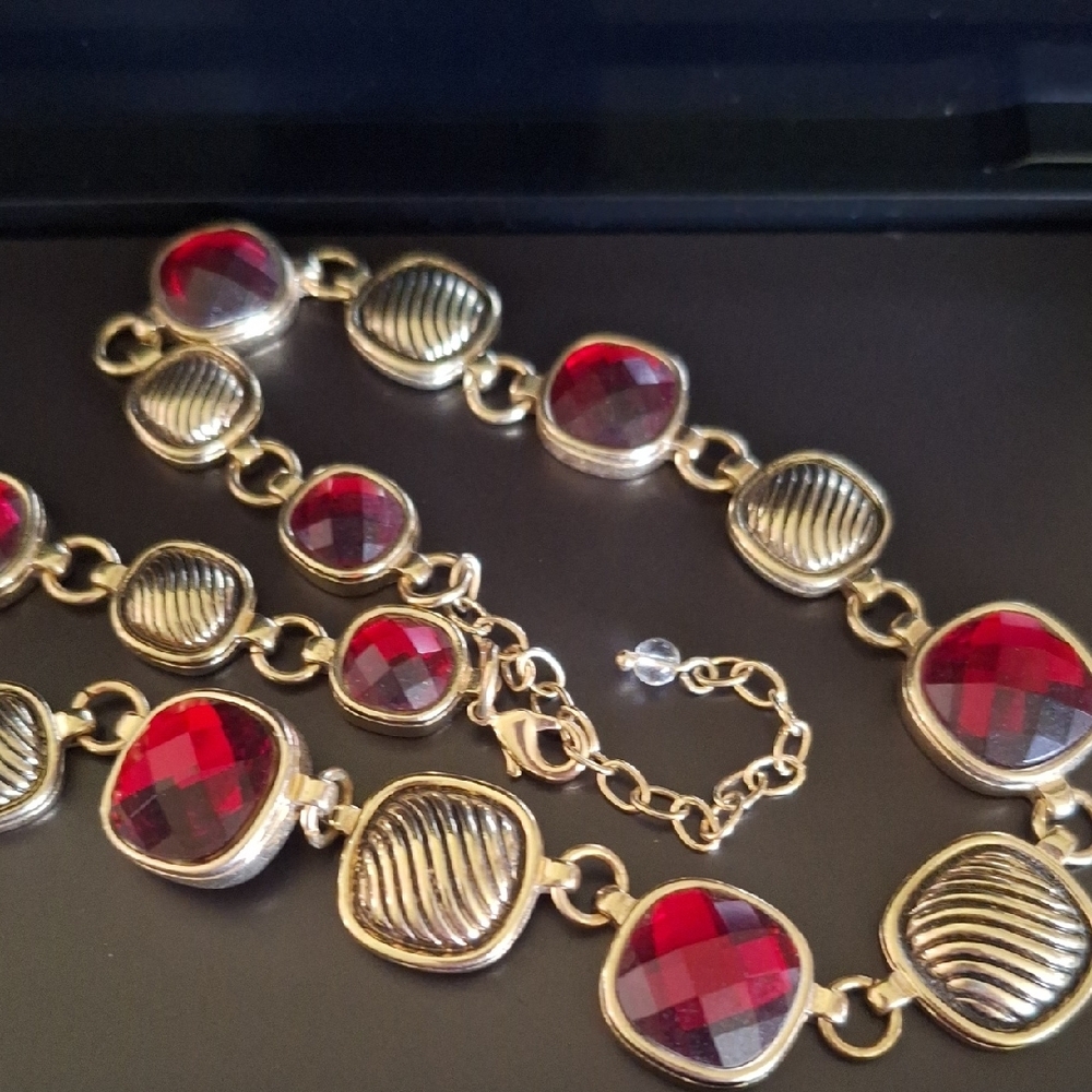 Napier Ruby Red Crystal Rhinestone And Ribbed Square Gold Plated Necklace - Picture 2 of 4